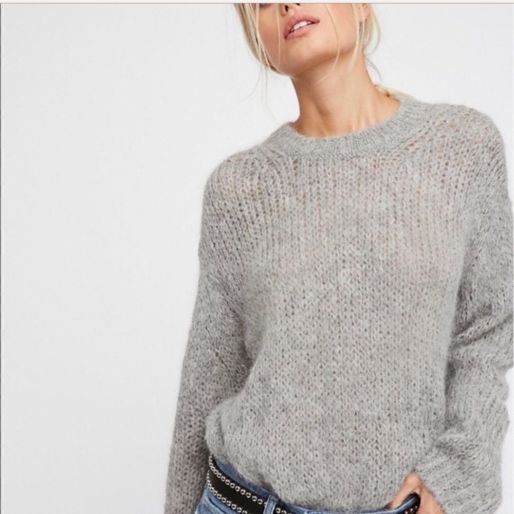 Free People Pointelle Gray Crewneck Alpaca Wool Blend Sweater